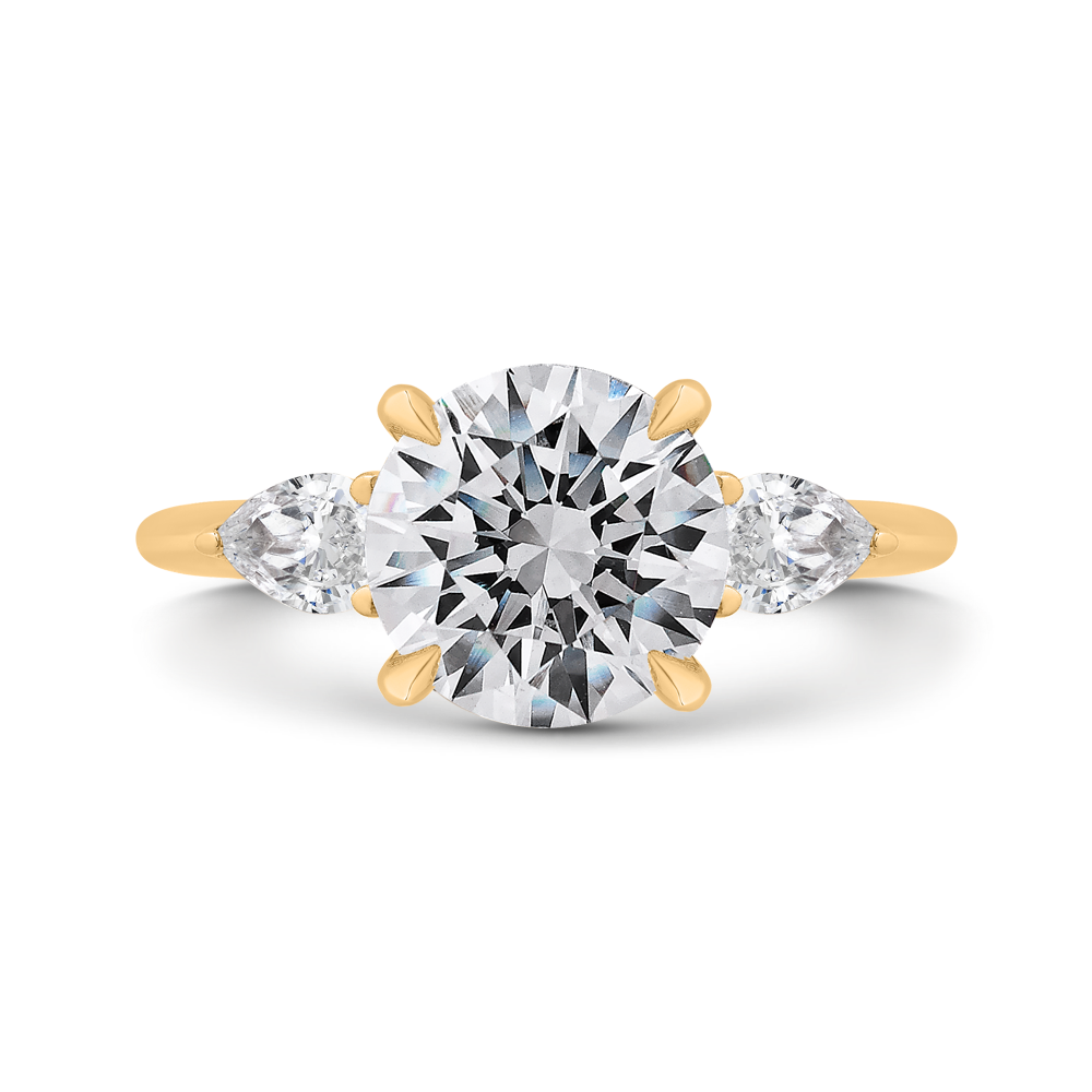 14K Yellow Gold Three Stone Engagement Ring ,Sides Pear Diamond with Center Round (Semi-Mount)