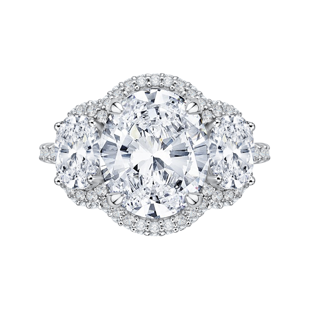 14K White Gold Oval Diamond Three-Stone Halo Engagement Ring (Semi-Mount)