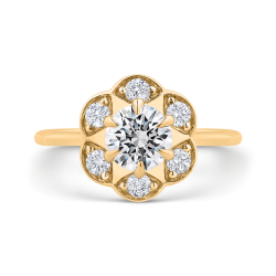 14K Yellow Gold Diamond Stella Solitaire Halo Flow-Through Wedding Ring (Semi-Mount)