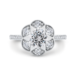 14K White Gold Diamond Stella Solitaire Halo Pave Flow-Through Ring (Semi-Mount)