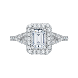 14K White Gold Emerald Cut Diamond Halo Engagement Ring with Split Shank (Semi-Mount)