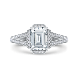 14K White Gold Emerald Cut Diamond Cathedral Style Engagement Ring with Split Shank (Semi-Mount)