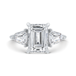 14K White Gold Three Stone Engagement Ring ,Sides Sheild Cut Diamond with Center Emerald (Semi-Mount)