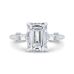 14K White Gold Three Stone Engagement Ring ,Sides Straight Baguette Diamond with Center Emerald (Semi-Mount)