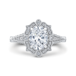 14K White Gold Oval Diamond Halo Vintage Engagement Ring (Semi-Mount)