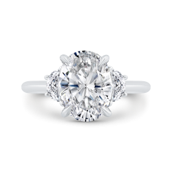 14K White Gold Three Stone Engagement Ring ,Sides Half Moon Diamond with Center Oval (Semi-Mount)