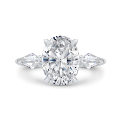 14K White Gold Three Stone Engagement Ring ,Sides Kite Shape Diamond with Center Oval (Semi-Mount)