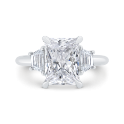 14K White Gold Three Stone Engagement Ring ,Sides Trapazoid Diamond with Center Radiant (Semi-Mount)