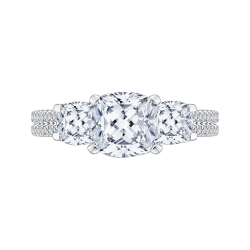 Cushion Cut Diamond with Sapphire Three-Stone Cathedral Style Engagement Ring In 14K White Gold (Semi-Mount)