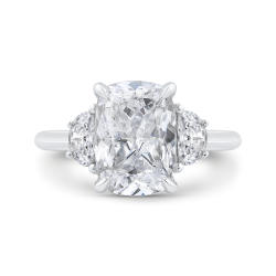 14K White Gold Three Stone Engagement Ring ,Sides Half Moon Diamond with Center Elongated Cushion (Semi-Mount)