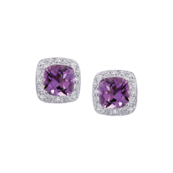 Sterling Silver 0.06 ct. Diamond and 3 1/2 ct. Cushion Cut Amethyst Halo Earrings