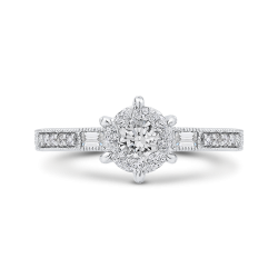 Round & Baguette Diamond Engagement Ring In 14K White Gold