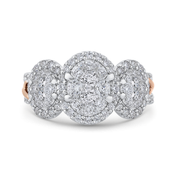 14K Two-Tone Gold Round Diamond Three-Stone Halo Engagement Ring