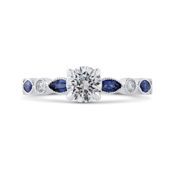 14K White Gold Round Diamond Engagement Ring with Pear Sapphire
