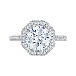 14K White Gold Round Cut Diamond Octagon Shape Halo Engagement Ring (Semi-Mount)
