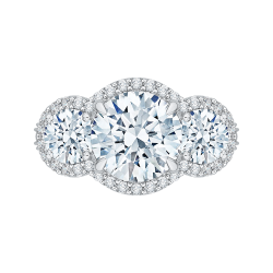 14K White Gold Round Cut Diamond Three-Stone Halo Engagement Ring (Semi-Mount)