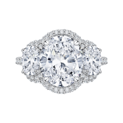 Oval Diamond Three-Stone Halo Engagement Ring In 18K White Gold (Semi-Mount)