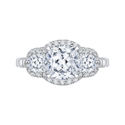 18K White Gold Cushion Cut Three-Stone Diamond Halo Engagement Ring (Semi-Mount)